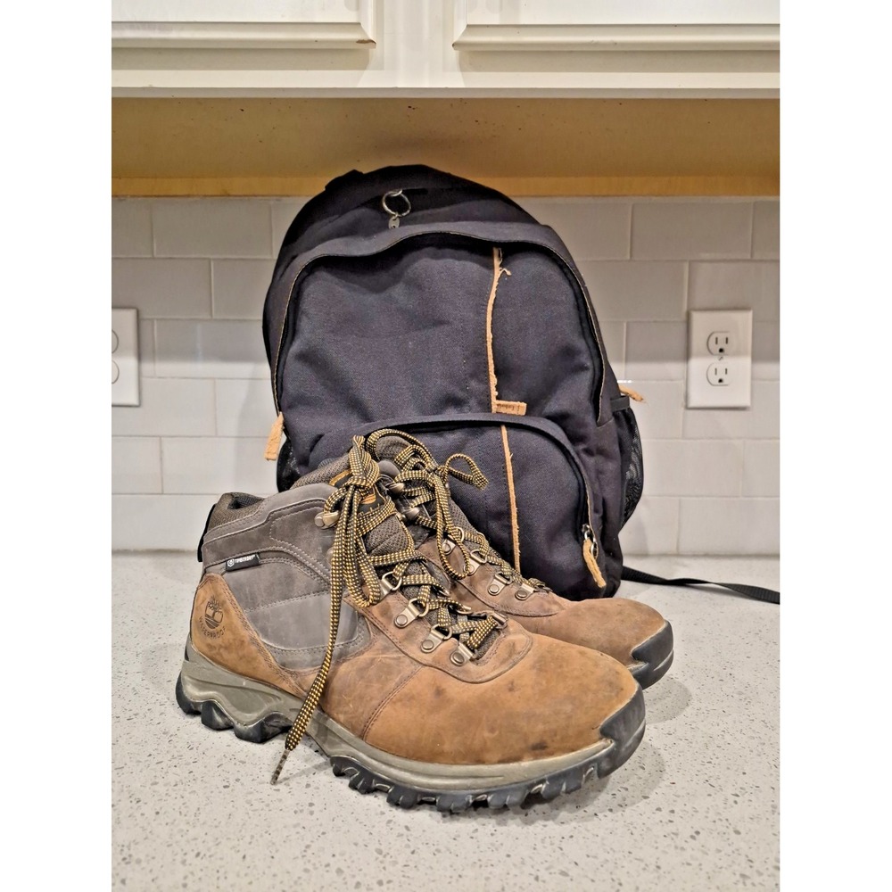 Timberland Mt. Maddsen Waterproof Mid Hiker Brown Leather Boots & Book Bag Combo
